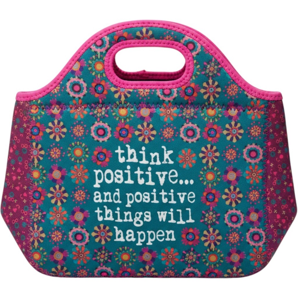 Natural Life Think Positive Neoprene Floral Insulated Lunch Bag Tote Teal Pink